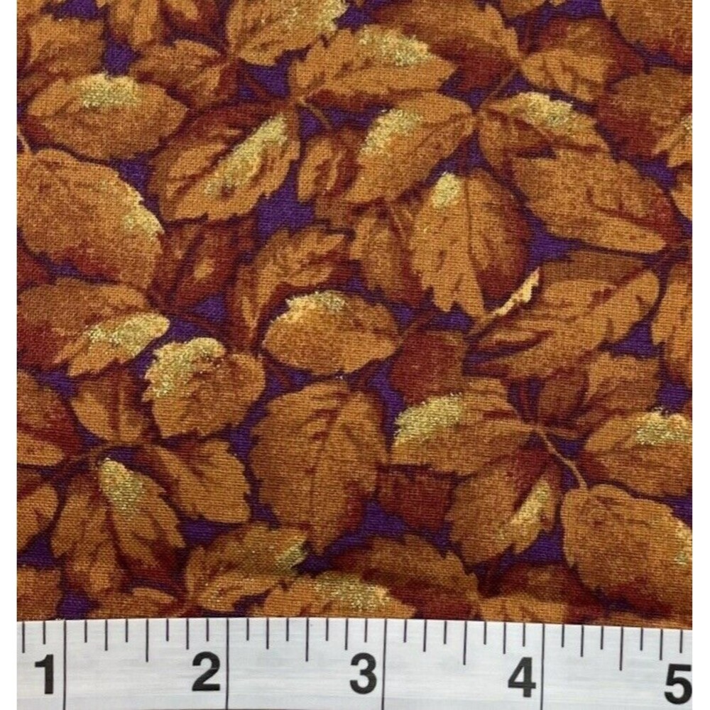 Autumn Leaves Sewing Fabric Gold Metallic Accents on Plum Quilting Cotton BTY